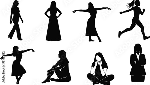 Female silhouette set, women in diverse poses and activities, body language icons, lifestyle and emotion theme - flat vector illustration