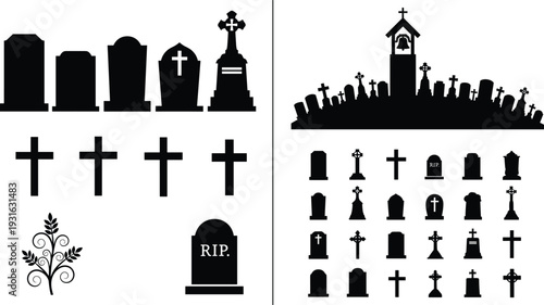 Graveyard silhouettes, tombstones, crosses, chapel scene, RIP gravestone, cemetery icons, Halloween theme, memorial design set - flat vector illustration