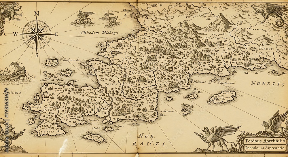 Fototapeta premium Vintage hand-drawn fantasy map of fictional lands with sea monsters, compass rose, and detailed coastline depicting mountains, forests, villages, and a grand castle ruins