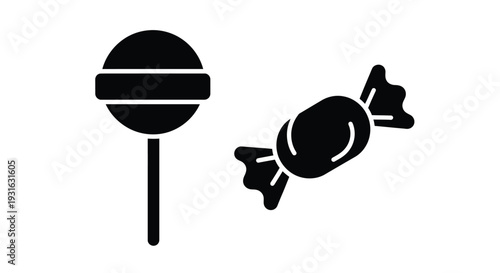 Simple black and white illustration of a lollipop and wrapped candy