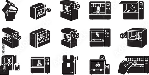 Black and white icons of various 3D printers technology