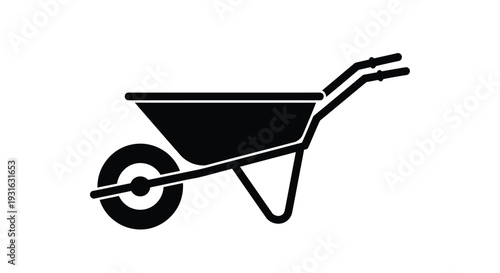 Simple black and white illustration of a wheelbarrow on a white background