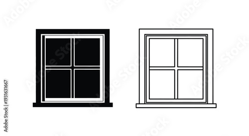 Two window frame illustrations one black one white with divided panes