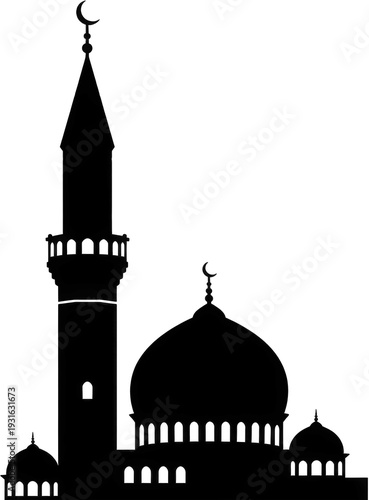 Black Silhouette of Mosque with Minaret