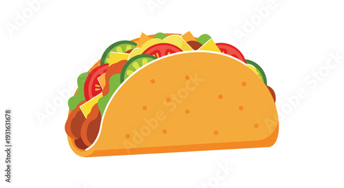 A colorful cartoon illustration of a fully loaded taco with various toppings