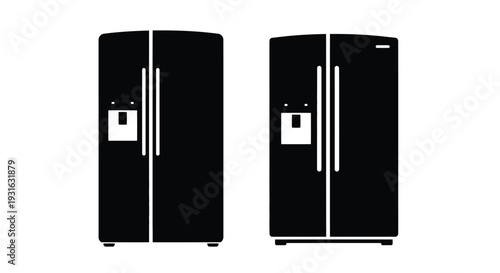 Two black refrigerators stand side by side in a simple graphic illustration