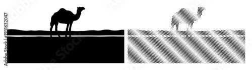 Silhouette of a camel against a stark desert landscape with a contrasting striped pattern