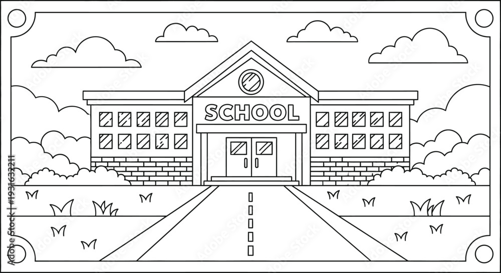 Fototapeta premium Illustration of colorful illustration of a school building with a clock and brick walls and a pathway leading to the entrance