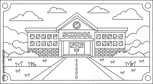 Illustration of colorful illustration of a school building with a clock and brick walls and a pathway leading to the entrance