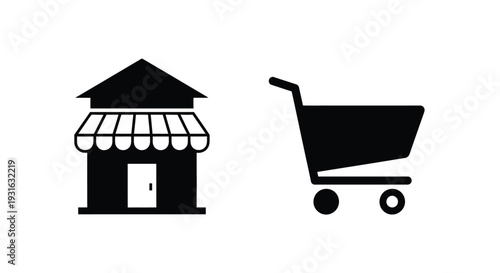 Simple black icons depicting a store building and a shopping cart
