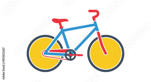 Colorful illustration of a bicycle with large yellow wheels and a red seat