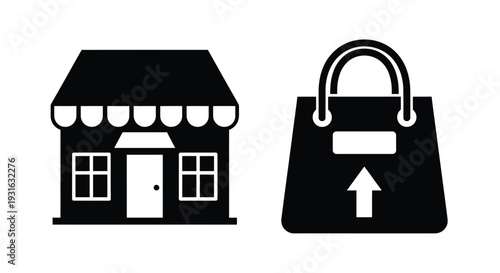 Black and white illustration of a shopfront and shopping bag