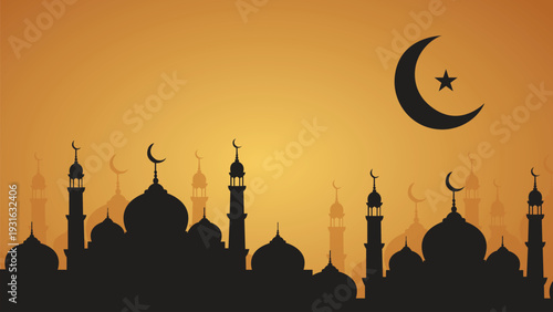 Islamic Mosque Silhouette with Crescent Moon at Sunset. Islamic Design Element