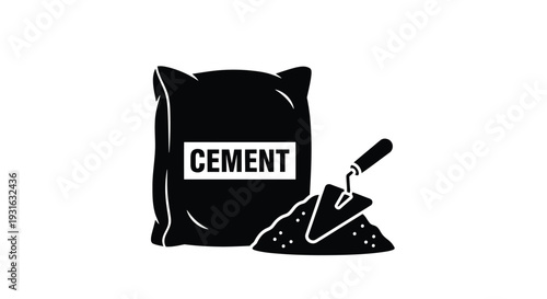 Black silhouette of a cement bag with trowel and spilled granules