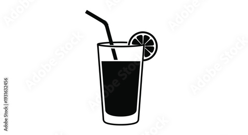 A black and white illustration of a drink in a glass with a straw