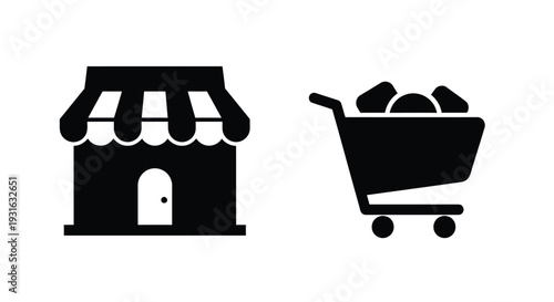 Simple black icons depicting a store and a shopping cart