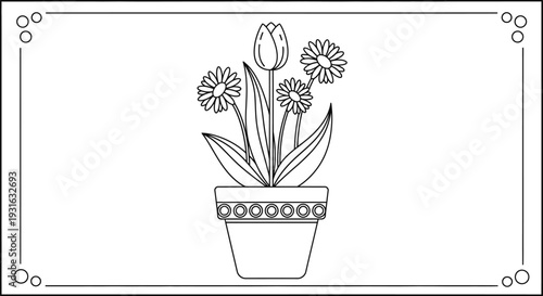 Illustration of a black and white line drawing of a potted plant with flowers and leaves in a decorative pot