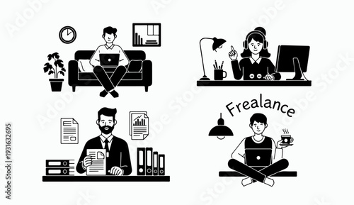Freelancer Remote Work from Home with Laptop and Documents Gig Economy Concept Black and White Flat Vector Illustration