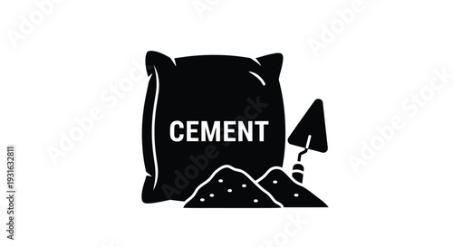 Black and white graphic of a cement bag with a trowel nearby