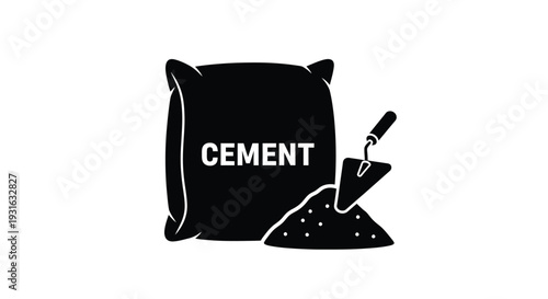 Black and white illustration of a cement bag trowel and spilled granules