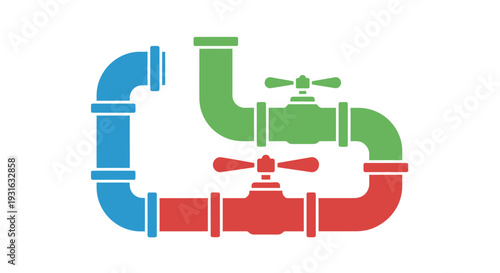Colorful plumbing pipes and valves arranged in a looping abstract design