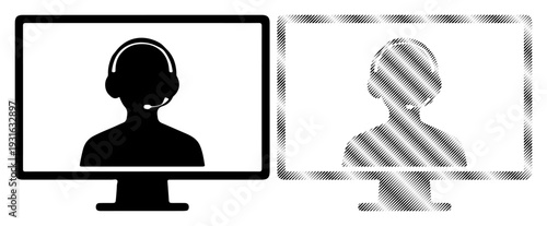 Computer screens displaying silhouettes of people wearing headsets, representing online communication or support.