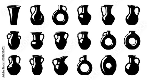 diverse traditional pottery silhouettes showcasing ceramic jugs vases and earthenware vessels perfect for cultural design elements.