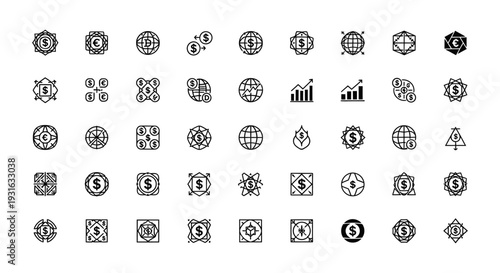 global finance icons pack illustrating currency exchange economic growth and market analysis concepts for business design