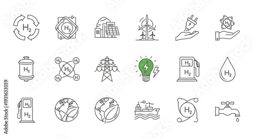 hydrogen energy icons illustrating sustainable fuel and renewable power sources perfect for green technology presentations and environmental design.