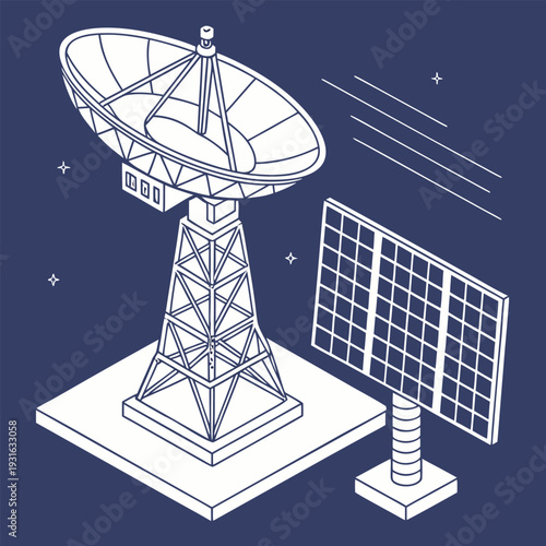 Modern satellite dish and solar panel in space technology setup