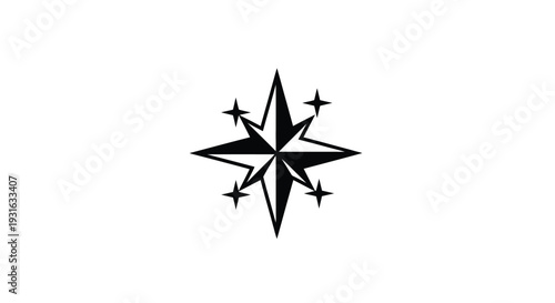 Black starburst compass design on a plain white background