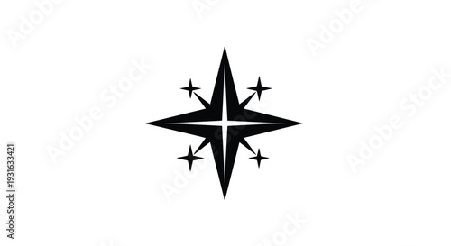 Black starburst compass design on a stark white background