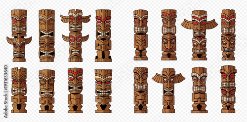 Collection of traditional wooden tiki totems and masks in various styles and designs, isolated on white background.