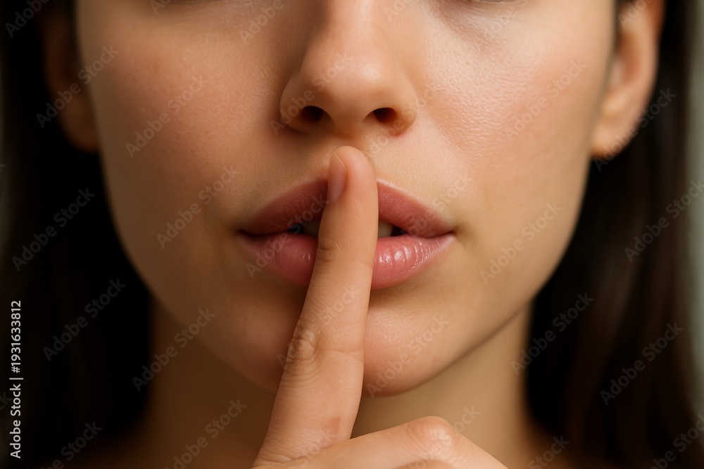 Naklejka premium Close-up of woman making silent gesture with finger on lips, concept of secrecy, confidentiality, and quiet communication, soft natural lighting. Ai generative