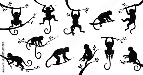 Monkey silhouettes on tree branches in various poses, climbing, swinging, sitting, and hanging, black forest wildlife illustration collection