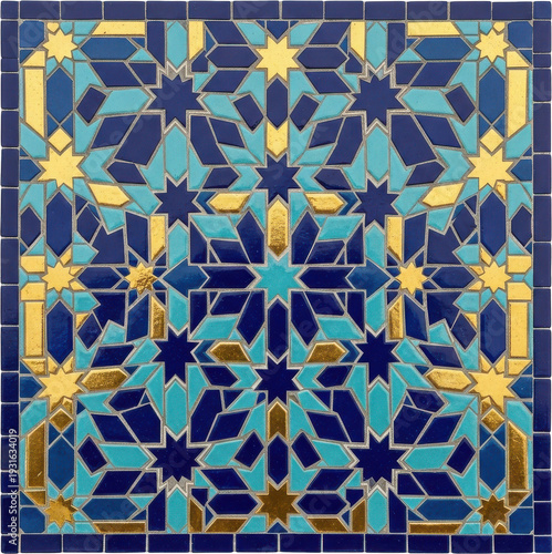 Intricate Blue and Gold Islamic Mosaic Tile Pattern