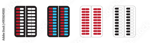 Pills Blister Pack Icon collection. Capsule Tablet Strip Healthcare Symbol. Medicine pills Strip Isolated on White background. icons for graphic design, logo, Web site, social media, UI, mobile app.