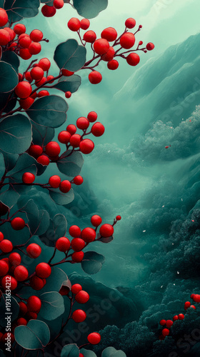 Vibrant Red Berries on Dark Teal Branches and Lush Leaves Grace Serene, Misty Mountain Landscape with Verdant Forests and Ethereal Green Hues