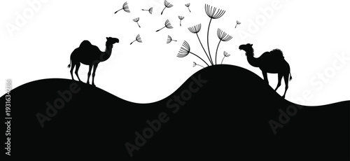 Whimsical desert silhouette with camels on dunes and dandelion seeds blowing in wind, serene minimalist nature illustration