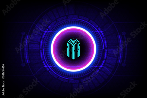 Futuristic fingerprint recognition interface glowing in neon pink and blue circular frame on background, symbolizing biometric authentication, cybersecurity, data protection, secure access technology.