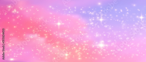 Dreamy pink glitter background with sparkling stars and pastel sky gradient, perfect for princess-themed designs, unicorn parties, or magical fairy tale projects.