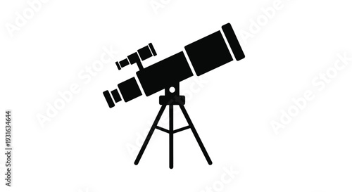 A simple black silhouette of a refracting telescope on a tripod