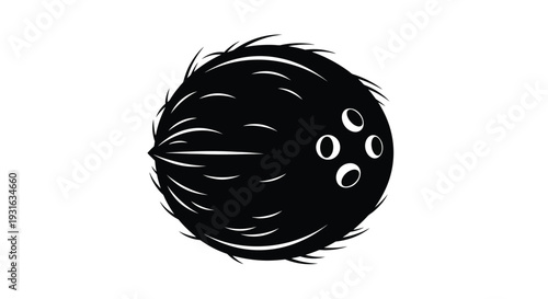 A graphic illustration of a black coconut with three visible eyes