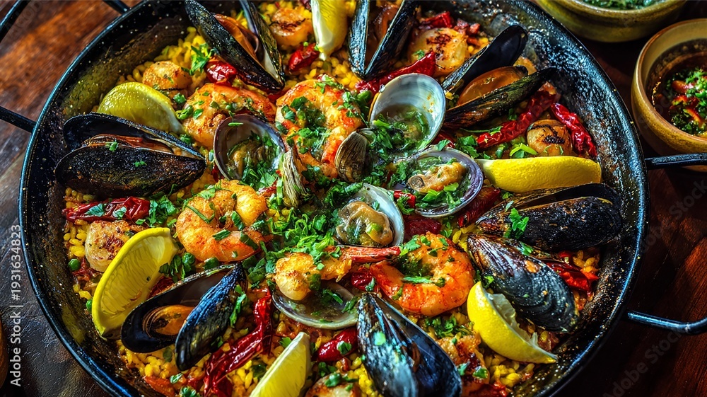Fototapeta premium Delicious seafood paella dish with mussels clams shrimp and lemon
