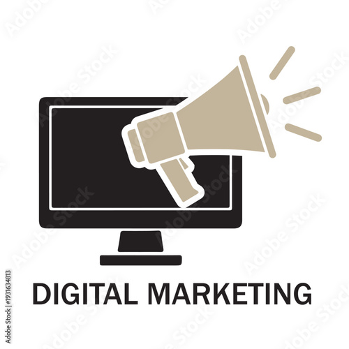 Digital marketing concept with a computer monitor and a megaphone, symbolizing online advertising, promotion, and communication strategies.