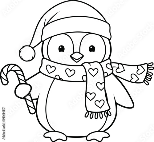 Cute penguin in santa hat coloring page for kids winter holiday fun