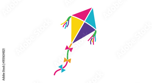 A colorful diamond kite with a long flowing tail against a white background