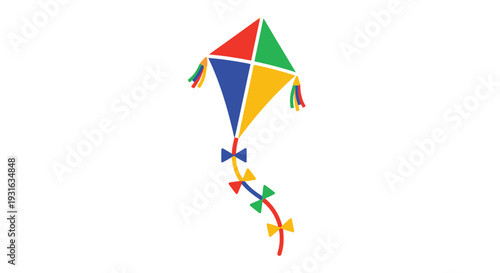 Colorful diamond kite with a long flowing tail against a white background