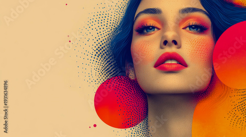Stunning Pop Art Beauty Portrait with Luminous Blue Eyes, Intense Orange Eye Makeup, Vivid Red Lips, and Playful Halftone Dot Texture, set against Soft Background