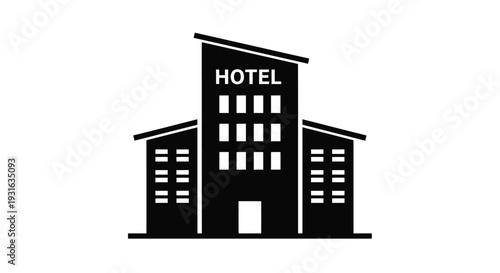 Simple black silhouette of a hotel building with the word hotel displayed